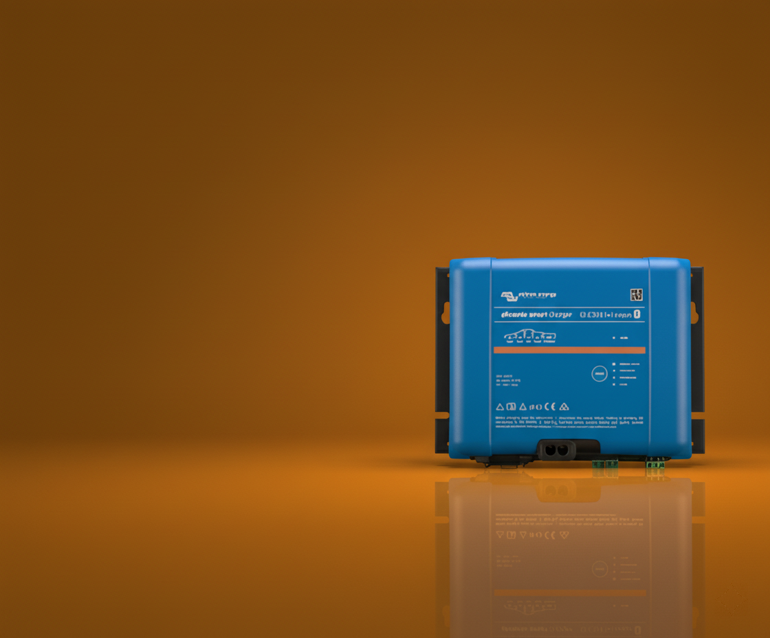 Blue power inverter on a reflective orange surface with a brown background